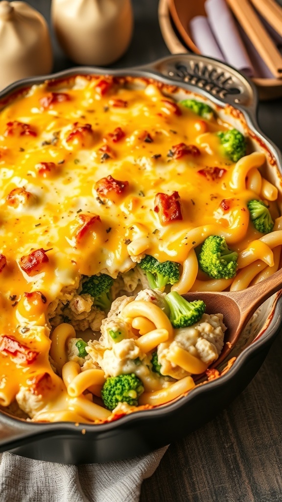 A cheesy chicken casserole with pasta and broccoli, served in a baking dish, showcasing melted cheese and creamy texture.
